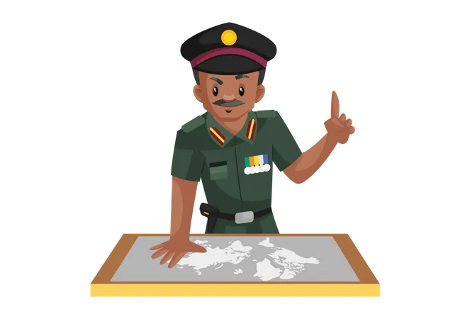 Hombre del ejército indio mirando el mapa  Ilustración