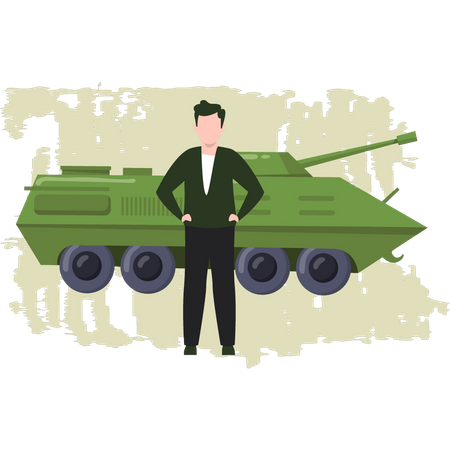 Hombre del ejército parado junto al tanque  Ilustración