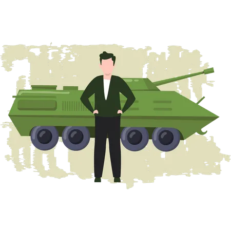 Hombre del ejército parado junto al tanque  Ilustración