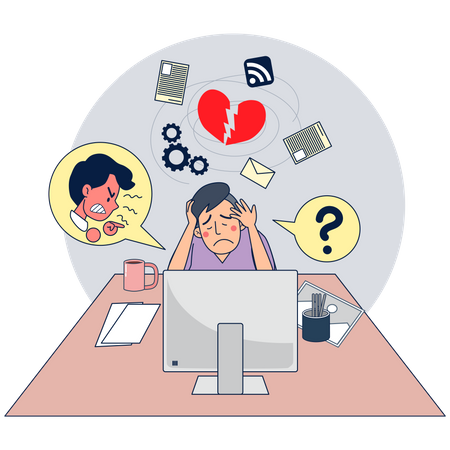 Hombre deprimido trabajando en la oficina  Ilustración