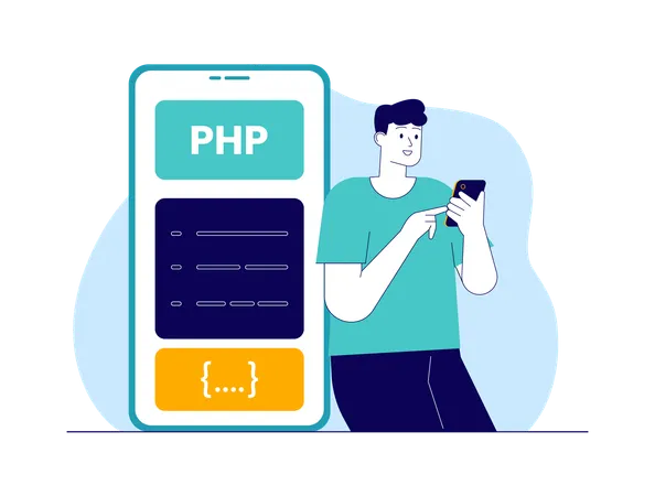 Hombre desarrollando una aplicación móvil usando código php  Ilustración