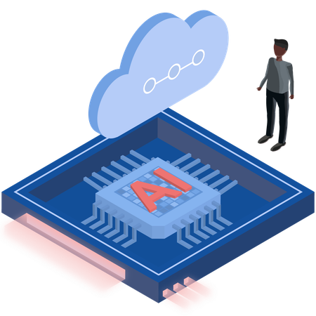 Hombre desarrollando un chip de inteligencia artificial  Ilustración