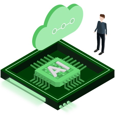 Hombre desarrollando un chip de inteligencia artificial  Ilustración