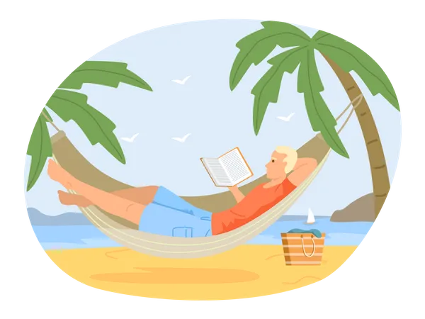 El hombre descansa en una hamaca y lee un libro  Ilustración