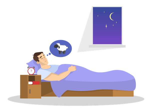 El hombre descansa en la cama sobre la almohada por la noche  Ilustración