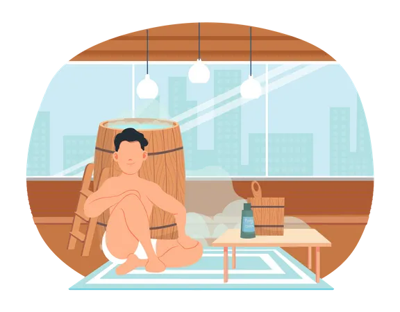 Hombre descansando sentado cerca de la bañera de madera en el apartamento  Ilustración