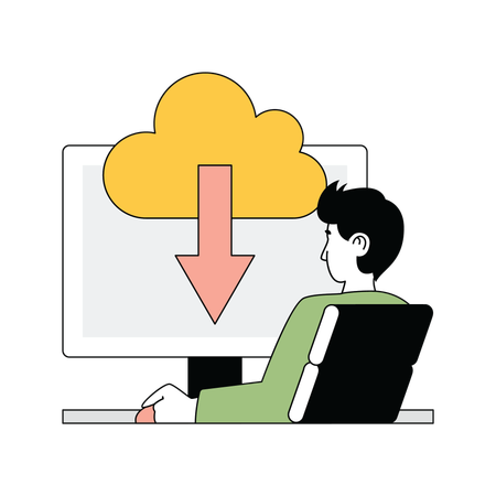 Hombre descargando archivos del sistema en la nube  Ilustración