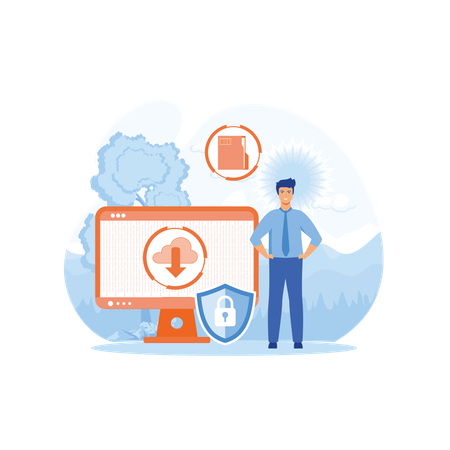 El hombre descarga datos de la nube con seguridad  Ilustración