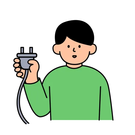 Hombre desconectando el enchufe para ahorrar energía  Ilustración