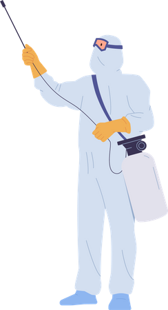 Hombre desinfectador en trajes usando botella de veneno con boquilla rociadora y veneno químico  Ilustración