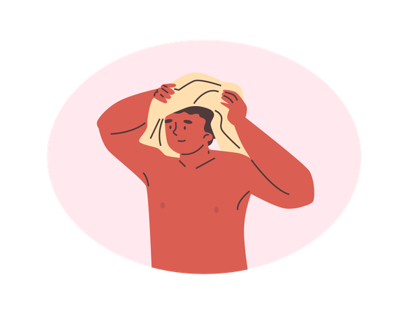 Hombre desnudo secándose el cabello mojado con una toalla  Ilustración