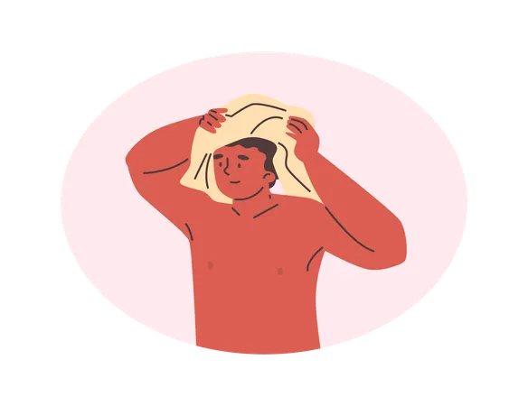 Hombre desnudo secándose el cabello mojado con una toalla  Ilustración