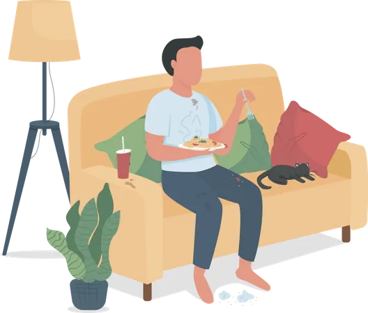 Hombre desordenado comiendo en el sofá  Ilustración