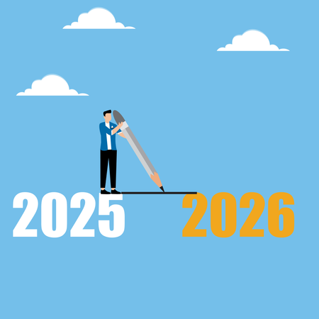 Hombre dibujando una línea entre 2025 y 2026  Ilustración