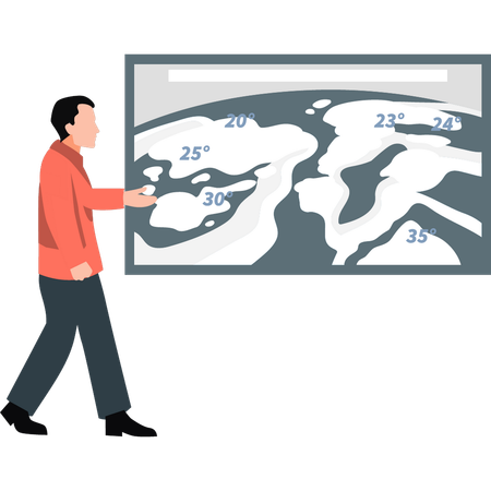 Hombre indicando la temperatura de diferentes áreas en el mapa  Ilustración