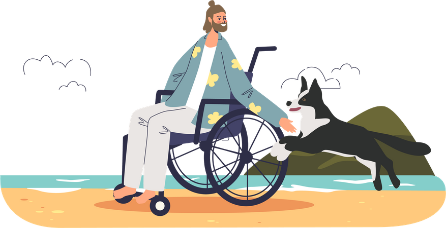 Hombre discapacitado en silla de ruedas jugando con perro  Ilustración