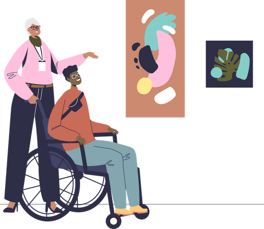 Hombre discapacitado en silla de ruedas visitando galería de arte  Ilustración