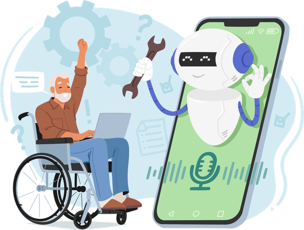 Un hombre discapacitado está trabajando en una aplicación de chatbot  Ilustración