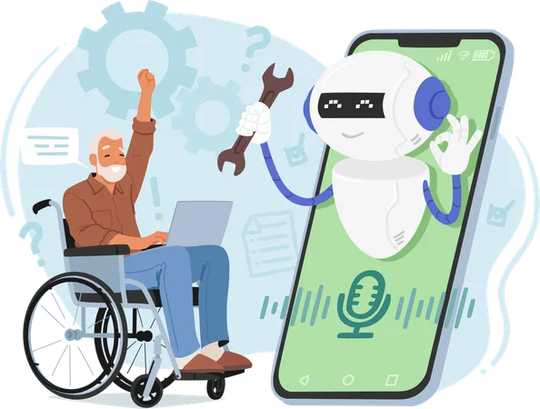 Un hombre discapacitado está trabajando en una aplicación de chatbot  Ilustración