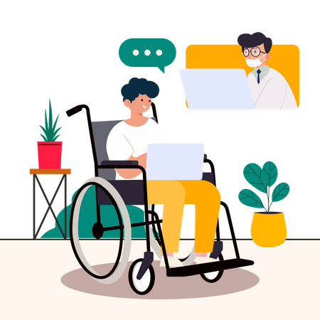 Hombre discapacitado haciendo una reunión en línea  Ilustración