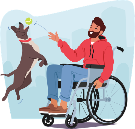 Hombre discapacitado jugando con perro  Ilustración