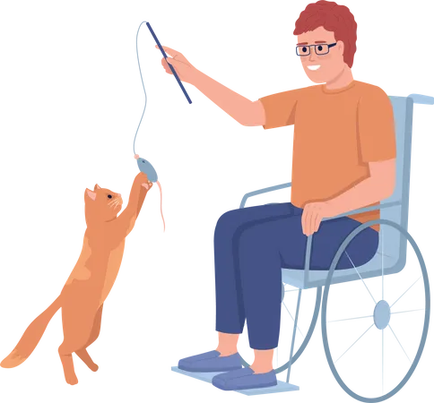 Hombre discapacitado jugando con su gato  Ilustración