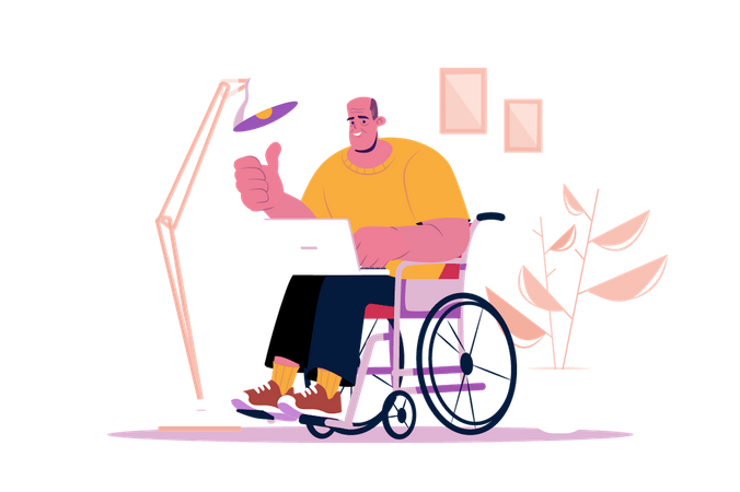 El hombre discapacitado trabaja en casa  Ilustración