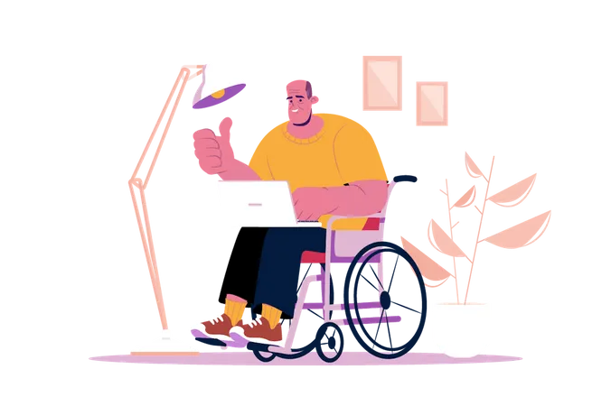 El hombre discapacitado trabaja en casa  Ilustración