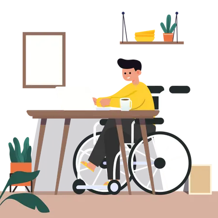Hombre discapacitado trabajando en una computadora portátil  Ilustración