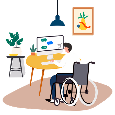 Hombre discapacitado trabajando en una computadora portátil  Ilustración