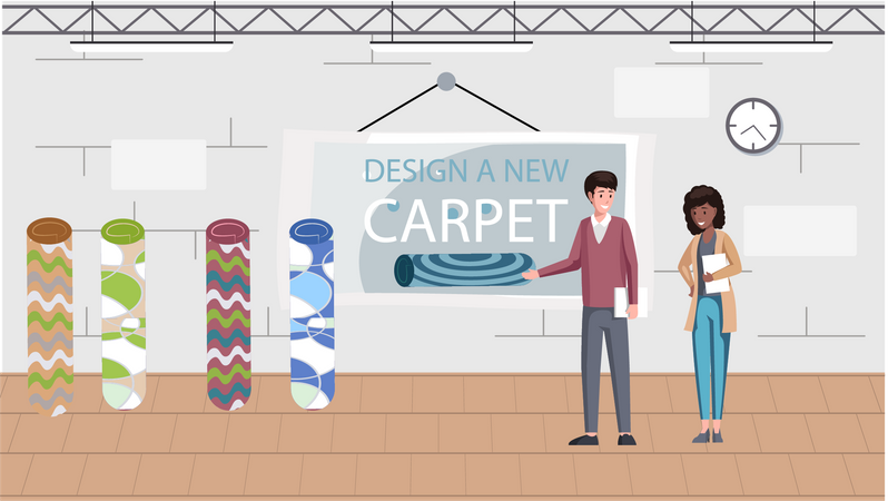 Hombre diseñador decorador elige alfombra en tienda de alfombras  Ilustración