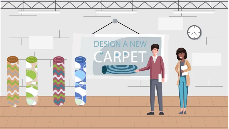 Hombre diseñador decorador elige alfombra en tienda de alfombras  Ilustración