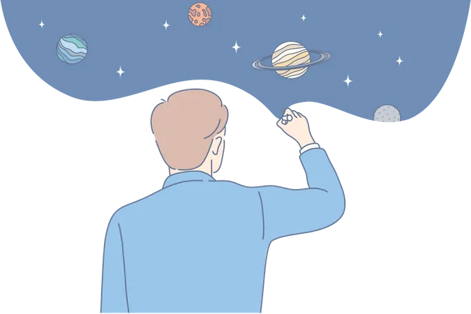 Hombre diseñando sistema solar  Ilustración