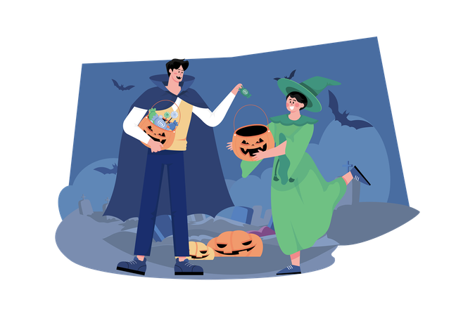 Hombre disfrazado dando dulces  Ilustración
