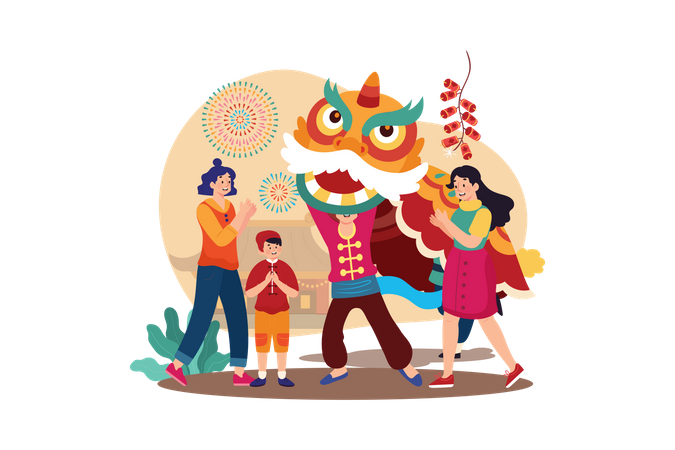 Hombre disfrazado de dragón chino entreteniendo a la multitud  Ilustración