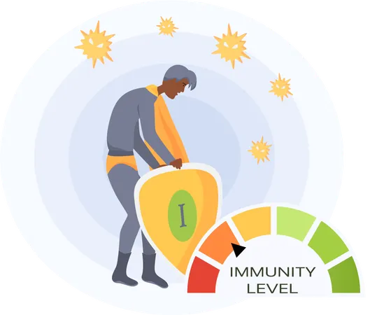 Hombre disfrazado de superhombre y espectro circular del nivel de salud  Ilustración