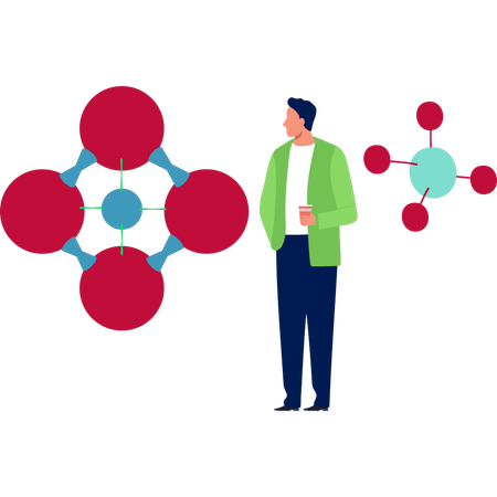 El hombre disfruta bebiendo mientras observa una fórmula química  Ilustración