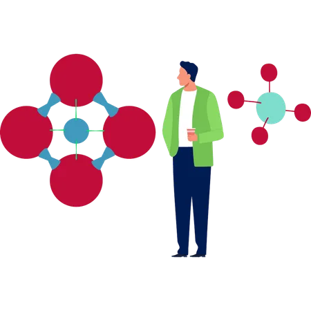 El hombre disfruta bebiendo mientras observa una fórmula química  Ilustración