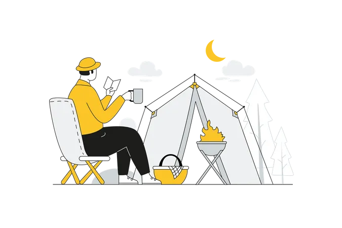 El hombre disfruta del viaje de campamento  Ilustración