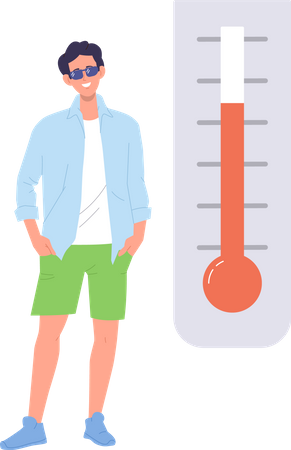 Hombre joven inconformista disfrutando de un grado de alta temperatura mostrado por un termómetro  Ilustración
