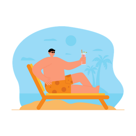 Hombre disfrutando de bebidas en la playa  Ilustración