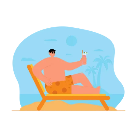 Hombre disfrutando de bebidas en la playa  Ilustración