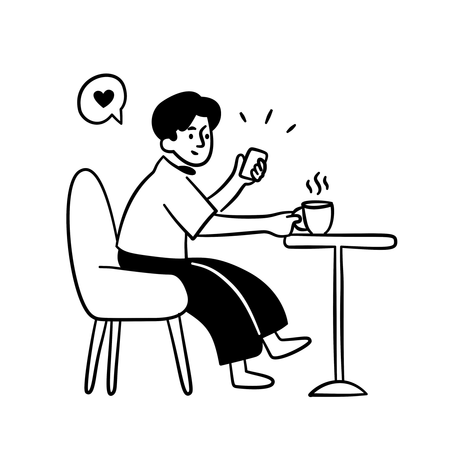 Hombre disfrutando de un café y navegando en su teléfono inteligente  Ilustración