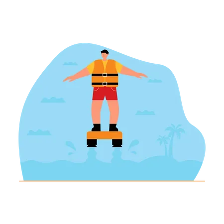 Hombre disfrutando del flyboard en la playa  Ilustración