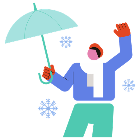 Hombre disfrutando de la nieve mientras sostiene un paraguas  Ilustración