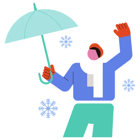 Hombre disfrutando de la nieve mientras sostiene un paraguas  Ilustración