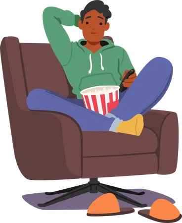 Hombre disfrutando de la película con palomitas de maíz en casa  Ilustración