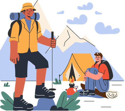 Hombre disfrutando del trekking  Ilustración