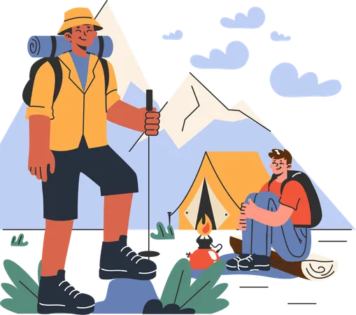 Hombre disfrutando del trekking  Ilustración