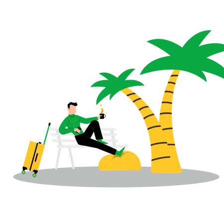 Hombre disfrutando de un café mientras está sentado en un banco  Ilustración